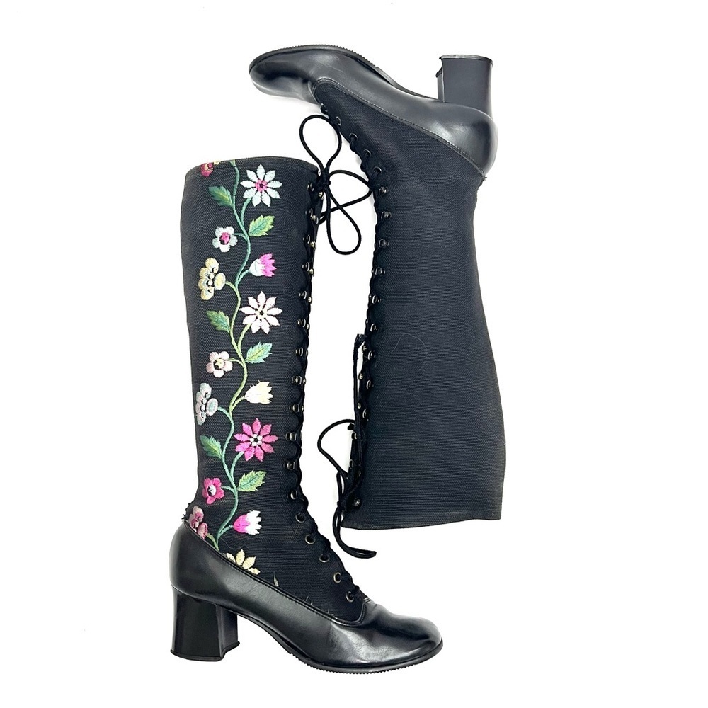 Vintage 1970s black canvas floral embroidered lace up knee high Penny Lane boots - Picture 9 of 9